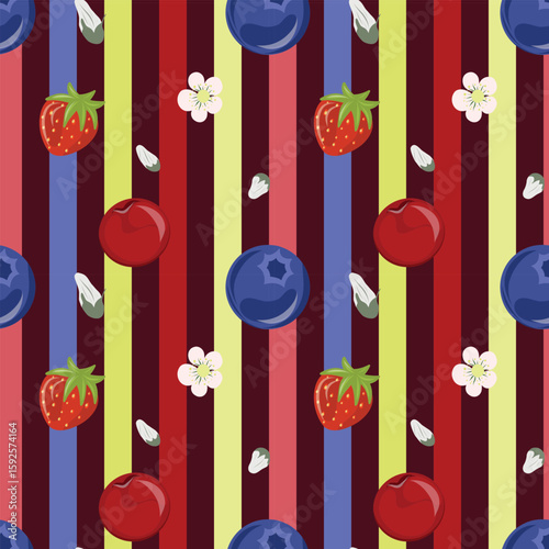 Berry Mix on a Striped background Seamless Pattern, Multicolor, Strawberry Cherry Juneberry Floral Pattern