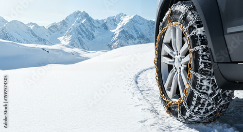 Car with snow chains on snowy mountain path, close-up of tire and landscape