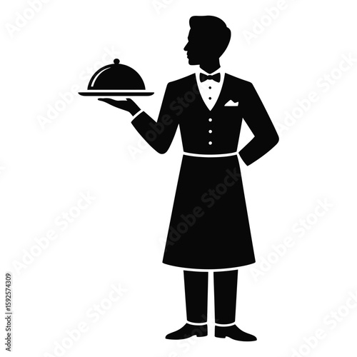 Silhouette illustration of a waiter serving a tray, black and white vector isolated on white background