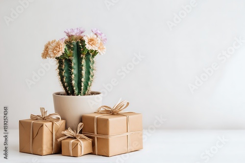 A Cactus in Bloom with Wrapped Gifts for a Special Occasion
