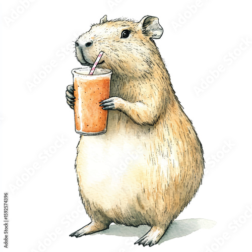 Watercolor Capybara Enjoying a Refreshing Drink with Pink Straw Smiling