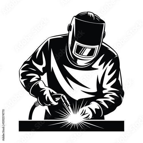 Silhouette illustration of a welder working with sparks, black and white vector isolated on white background
