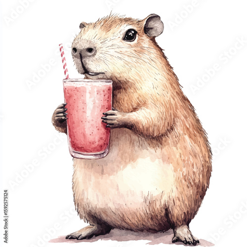 Watercolor Capybara Enjoying a Refreshing Pink Smoothie with a Straw