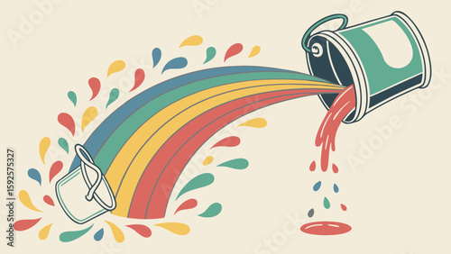 Retro Rainbow Paint Pour:  Vibrant illustration, whimsical style, joyful mood, colorful buckets, creative design element.