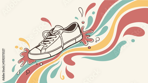 Retro Sneaker Design:  Vibrant Abstract Splash Background,  Joyful and Energetic Style,  Canvas Shoe Illustration.