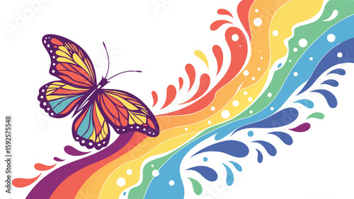 Vibrant Rainbow Swirl with Monarch Butterfly: Joyful, Uplifting, Spring Stock Illustration