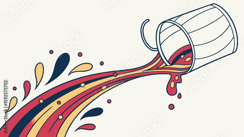 Abstract paint pouring from bucket; vibrant red, yellow, and blue; playful, stylized design; dynamic, energetic mood; graphic illustration.