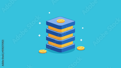Isometric Vector Stack Blue Yellow Server Towers Gold Coins