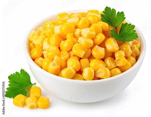 Canned corn in a white bowl with parsley garnish