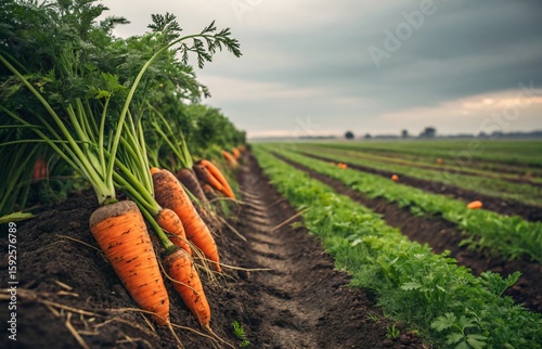 Freshly harvested carrots growing in rows on a farm field