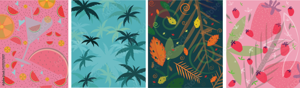 Obraz premium Summer Pattern Collection Tropical Fruits, Palm Trees, Leaves Seamless Vector Set .eps