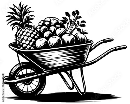 Wheelbarrow filled with fresh fruits and vegetables