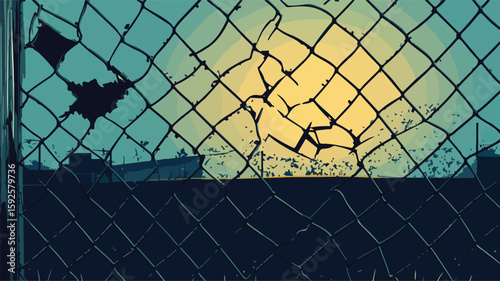 Rustic Broken Wired Metal Fence with Hole in Industrial Setting