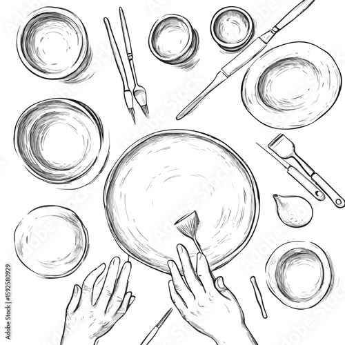 Pottery Craft Sketch on White Background