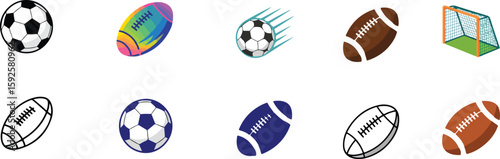 Soccer ball rugby ball goal net sports equipment collection football vector bundle collection set pack template elements icons clipart illustration editable flat minimal modern banner poster png eps p