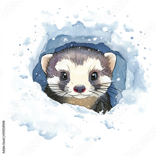 Watercolor Ferret Peeking Out of Snowy Hole with Curious Expression