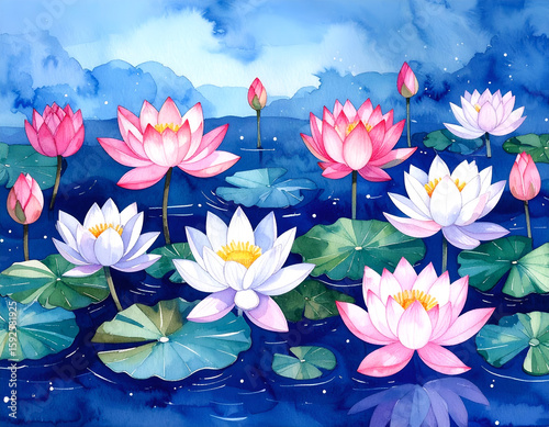 Serene Watercolor Scene of Floating Lotuses in Element of Water