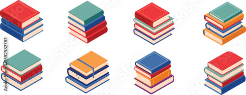 Stacks of colorful books with red blue green orange purple covers reading knowledge vector bundle collection set pack template elements icons clipart illustration editable flat minimal modern banner p