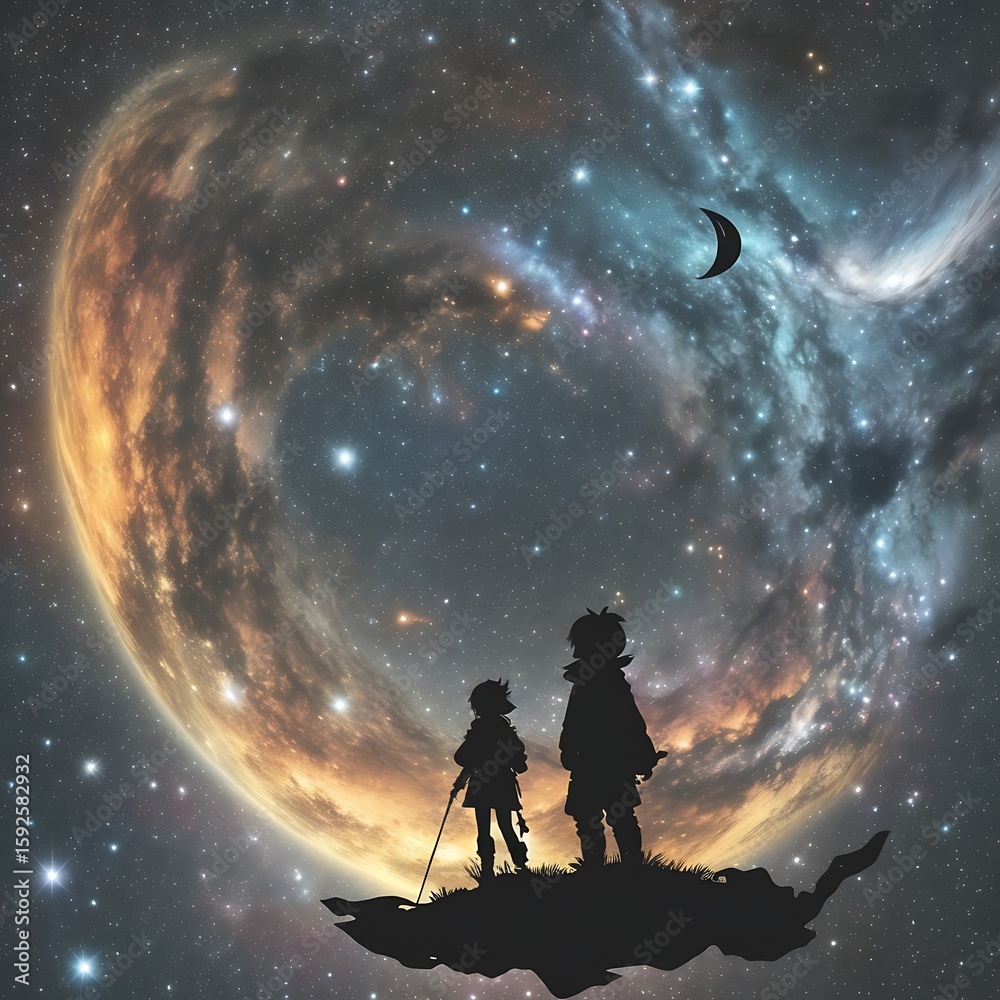 Obraz premium Two silhouetted figures stand on a floating island amidst a swirling galaxy, gazing up at a crescent moon, evoking a sense of wonder and exploration in the vastness of the cosmos