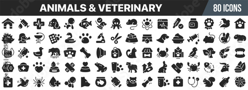 Animals and veterinary icon collection, including pets, wildlife, medical treatment, animal care, grooming, nutrition, rescue, and veterinary clinic symbols
