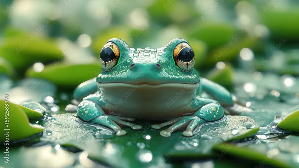 Vibrant frog resting on lily pads in a serene pond during morning light