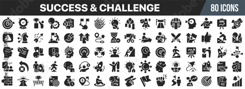 Success and challenge icon collection, showing goals achievement, personal growth, obstacles overcoming, productivity, coaching, and business progress