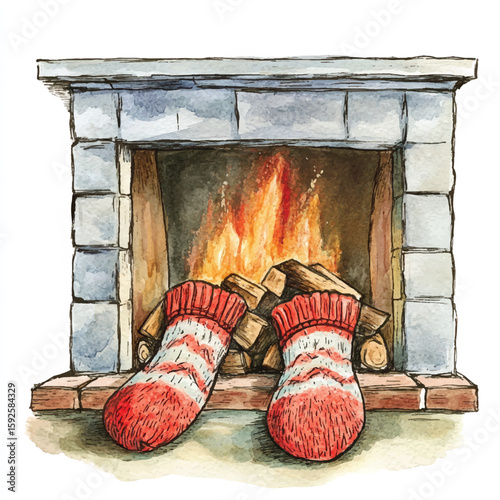 Watercolor Fireplace with Cozy Socks and Burning Fire for Winter Warmth