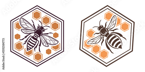 Hexagonal Bee Illustration, Apiary and Beekeeping Vector Logo with Honey Elements On White Background

