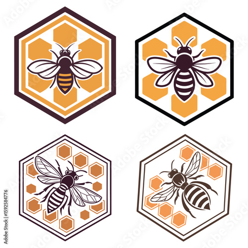 Hexagonal Bee Illustration, Apiary and Beekeeping Vector Logo with Honey Elements On White Background

