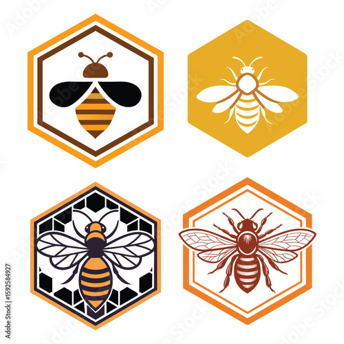 Honey Bee Logo in Hexagon, Vector Emblem with Honeycomb Pattern for Natural Products On White Background


