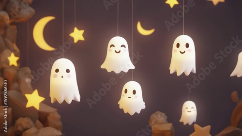 A cute Halloween decoration scene with glowing ghost-shaped lanterns and star lights hanging and swaying gently at night.