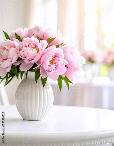 Pink peonies in a white vase on a white table