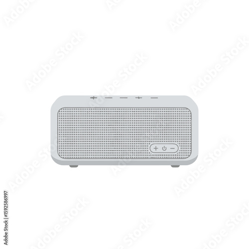 A close-up, isolated view of a white, rectangular portable speaker with controls.
