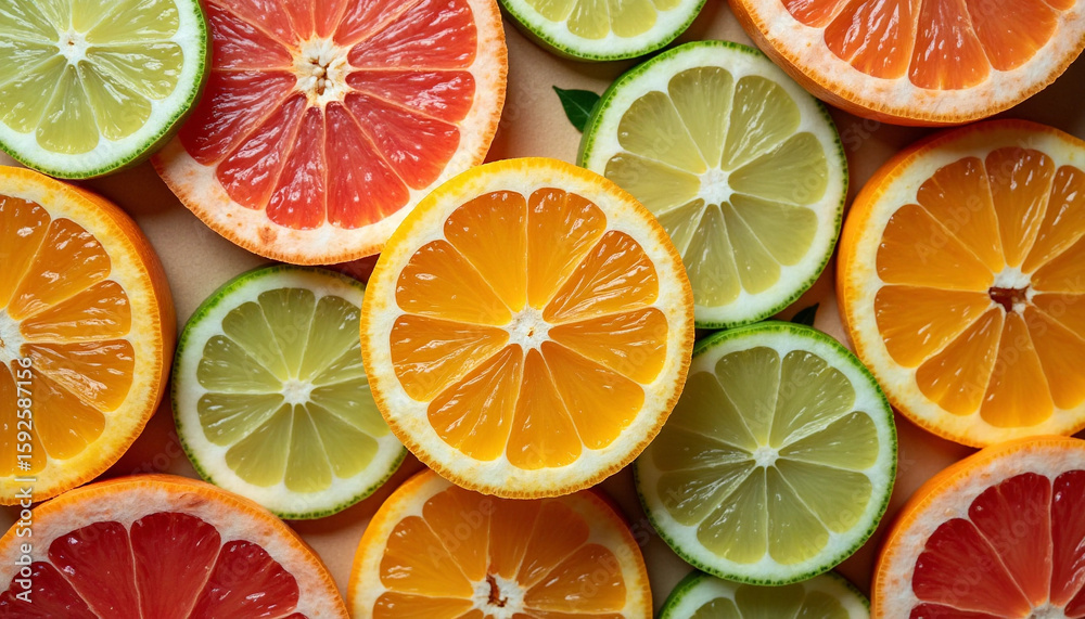 Fototapeta premium Diverse Citrus Slices: Fresh Composition of Colors & Water Droplets