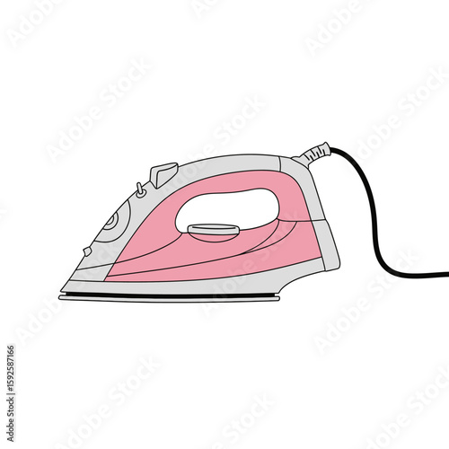 A detailed illustration of a pink and gray electric iron, ready for use.