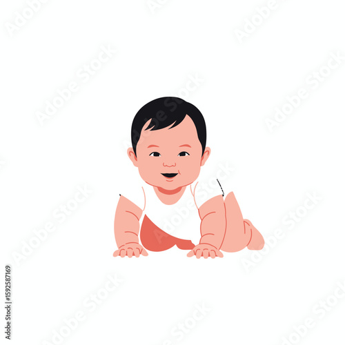 Happy baby boy crawling on the floor,  smiling and exploring.
