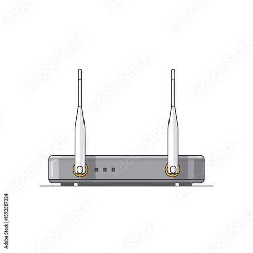Gray wireless router with two antennas, simple flat design.