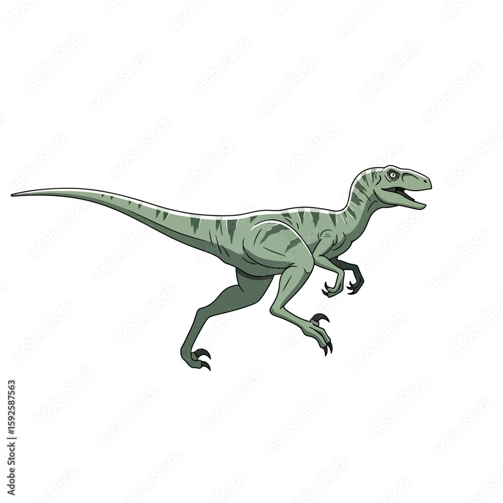 Fototapeta premium A green velociraptor dinosaur, depicted in a dynamic running pose, against a plain white background.