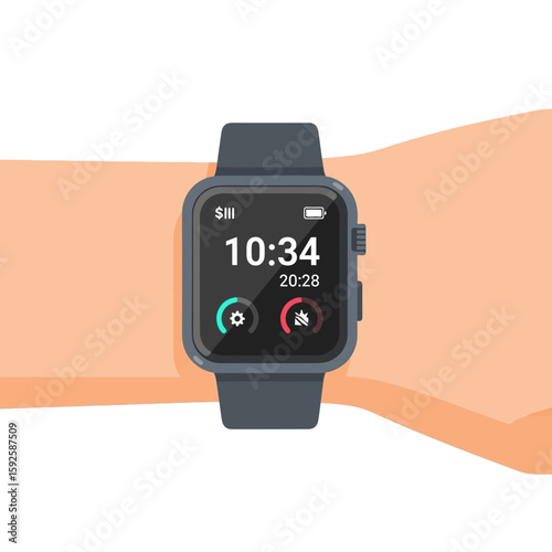 Smartwatch on a wrist displaying time and icons, set against a light skin tone background.