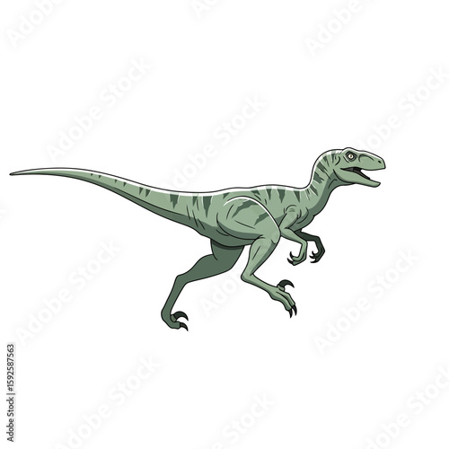 A green velociraptor dinosaur, depicted in a dynamic running pose, against a plain white background.