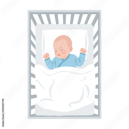 Baby asleep in a crib, lying on its back under a white blanket, resting peacefully.