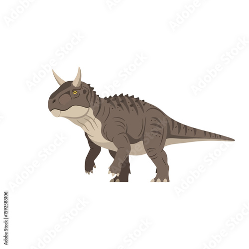 Cartoon illustration of a prehistoric horned dinosaur, posed in a walking stance.