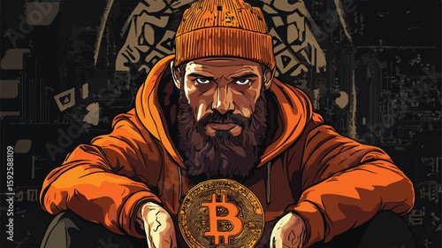 Man holding Bitcoin symbol flat illustration