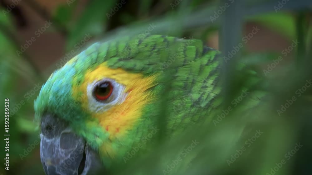 blue-fronted amazon bobbing its head in the forest, amazona aestiva, Brazil