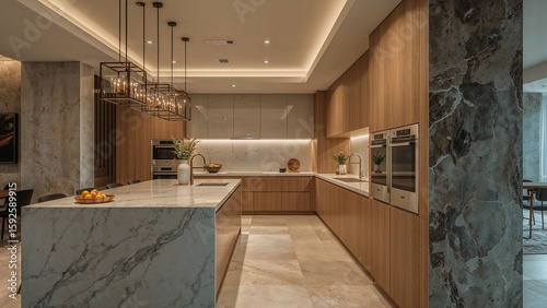 Modern kitchen with light wood cabinetry and marble island.