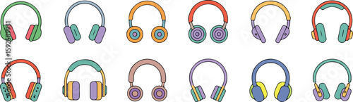 Colorful headphones collection audio listening devices music sound vector bundle collection set pack template elements icons clipart illustration editable flat minimal modern banner poster png eps png