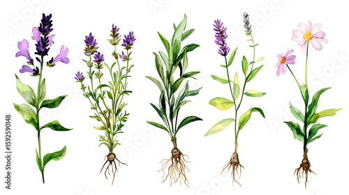 A detailed watercolor collection of medicinal herbs: lavender, chamomile, mint, echinacea and rosemary. Each plant is isolated on a transparent background with root details and labels in vintage typog