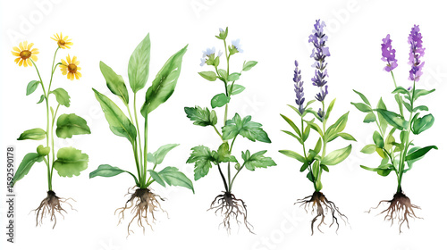 A detailed watercolor collection of medicinal herbs: lavender, chamomile, mint, echinacea and rosemary. Each plant is isolated on a transparent background with root details and labels in vintage typog