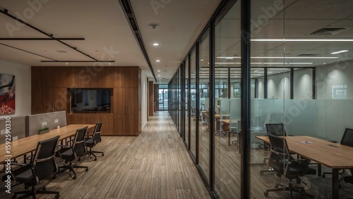 Modern office space with a communal work area.