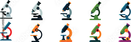 Various colorful microscopes displayed in a grid science laboratory vector bundle collection set pack template elements icons clipart illustration editable flat minimal modern banner poster png eps pn